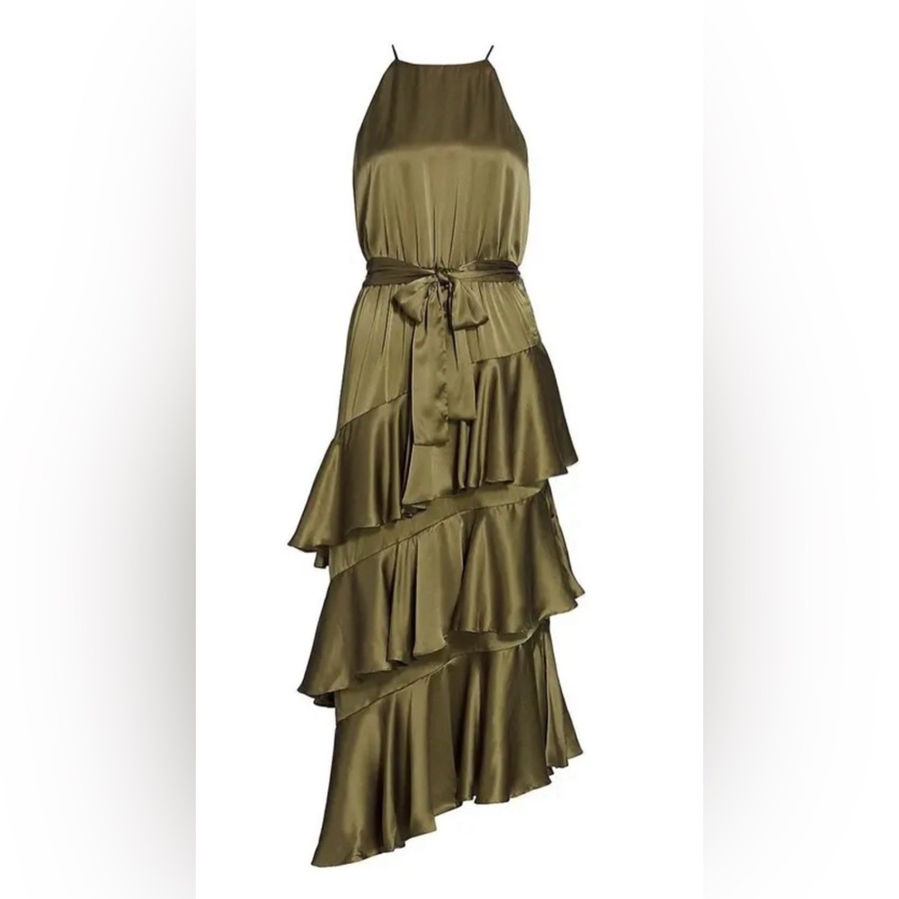 Zimmerman 100% Silk Green Asymmetrical Ruffle Midi Dress.